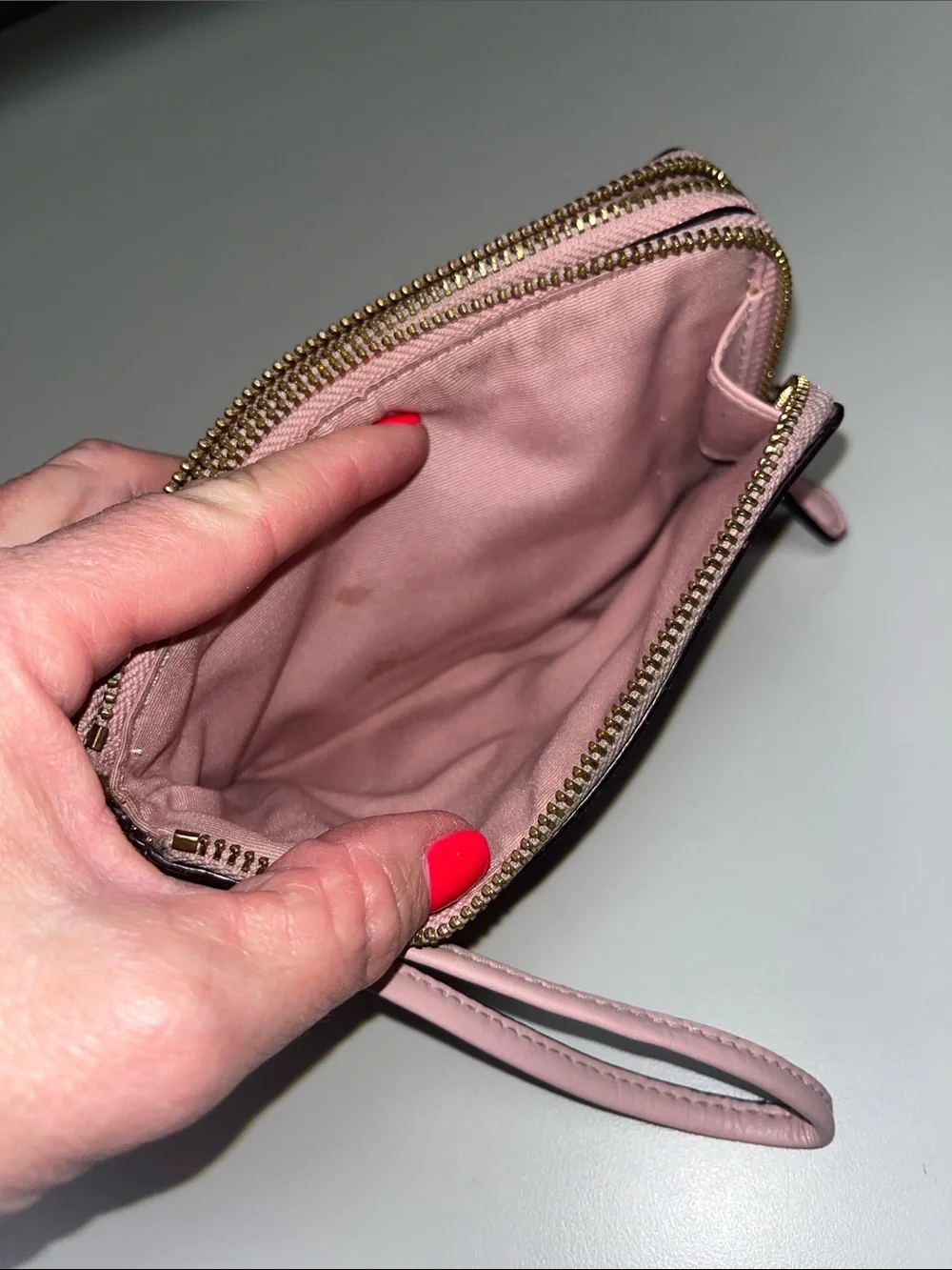 Coach Brown Signature Canvas Wristlet with Pink Trim
